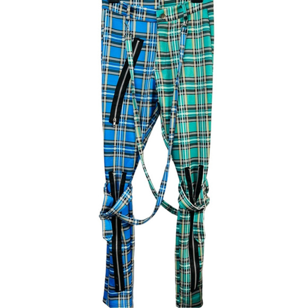 Plaid Split Leg Blue and Green Pants with Straps Small